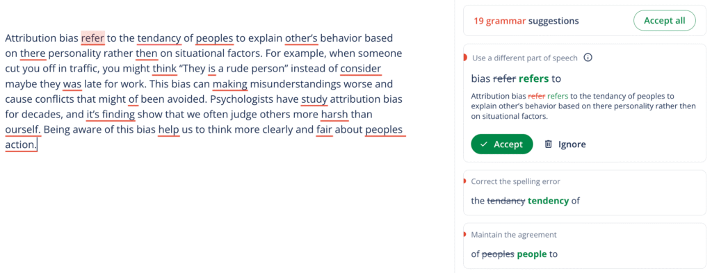 Example of QuillBot grammar checker