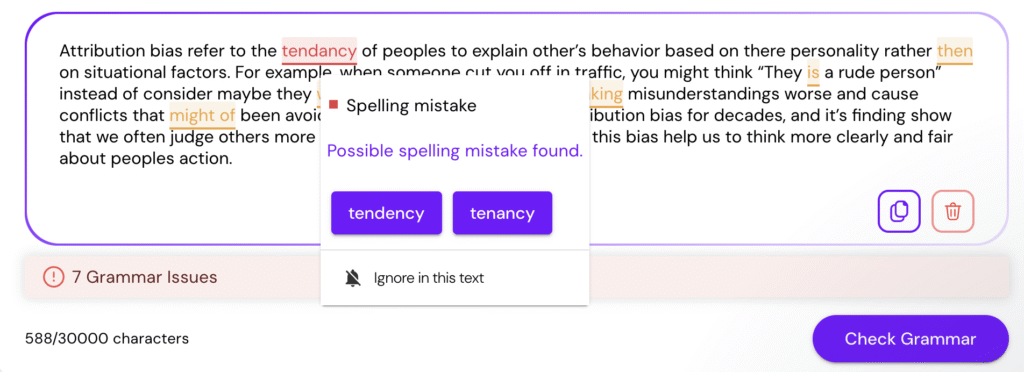 Example of Smodin grammar checker