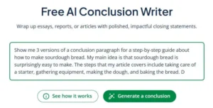 Screenshot of the homepage for QuillBot's AI conclusion writer with a prompt to write a conclusion for a guide to making sourdough bread
