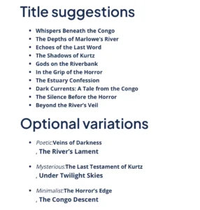 Screenshot of the response from the Quillbot AI novel title generator