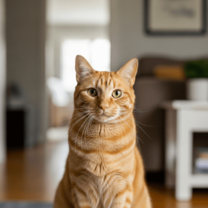 orange tabby cat looking directly into the camera, interior of a house in the background