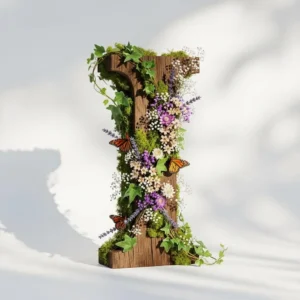 3D image of a wooden capital I with moss, flowers, and butterflies adorning the stem