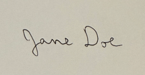 A hand-written signature ("Jane Doe") with an off-white background