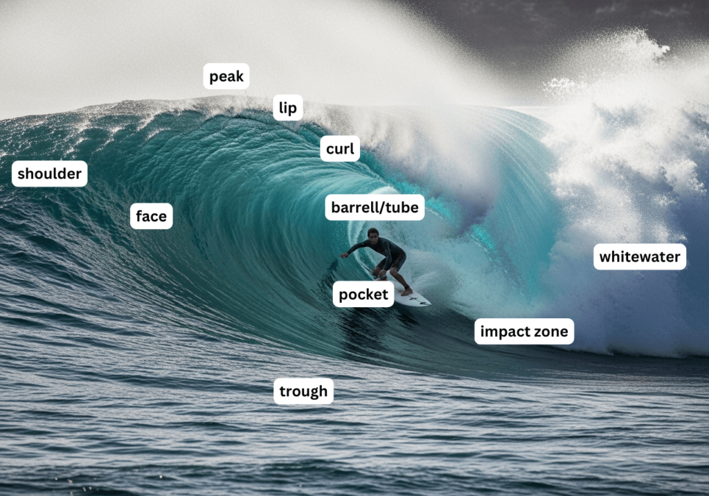 An AI-generated image of a surfer riding a wave with the parts of the wave labeled