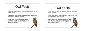 Two presentation slides shown side-by-side. On the left, an image is blocking some text; on the right, the image has been moved to the back and is not blocking text.