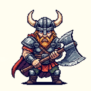 Front-facing 16-bit pixel art Viking warrior wearing a horned helmet and holding a battle axe, styled as a retro game sprite