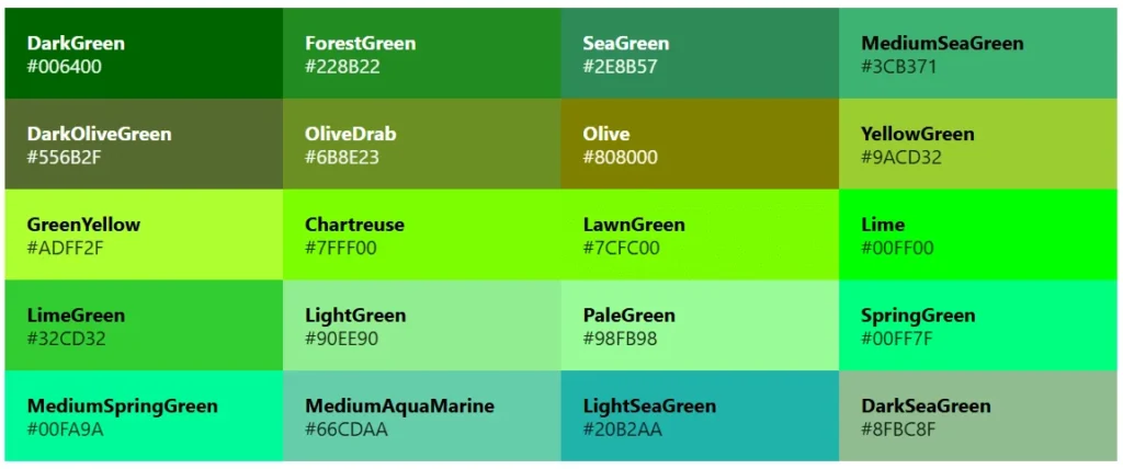 CSS green hex codes