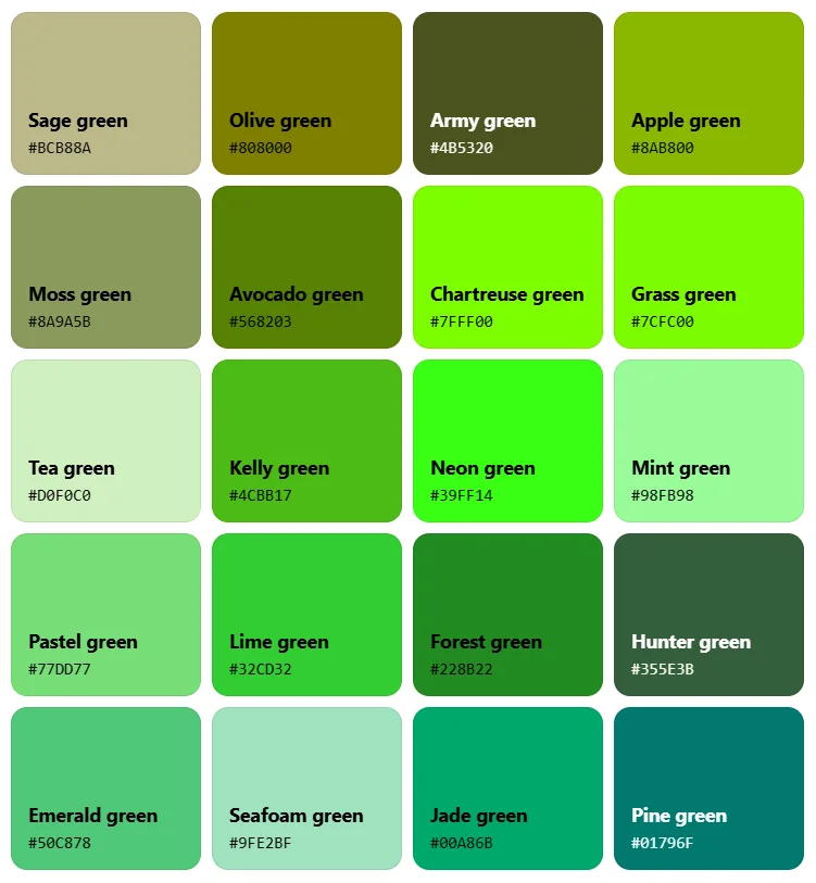Shades of green with hex codes