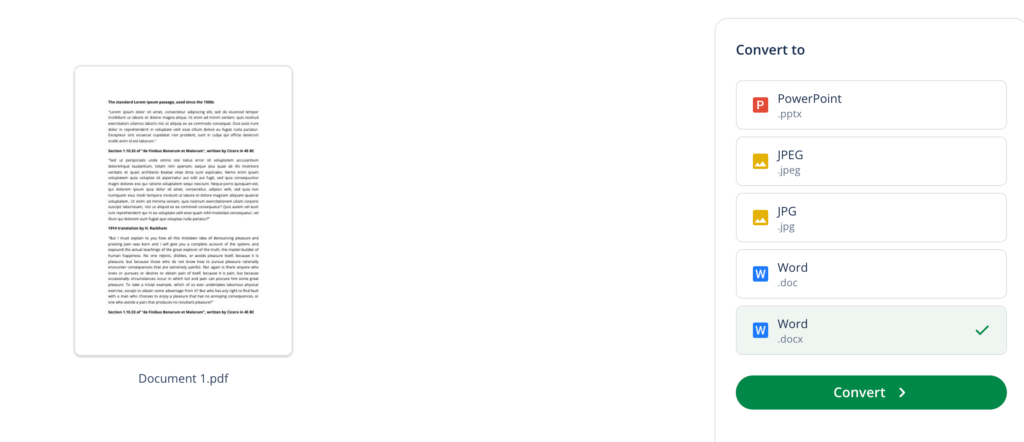 An screenshot of QuillBot's PDF converter and how to choose the target document format