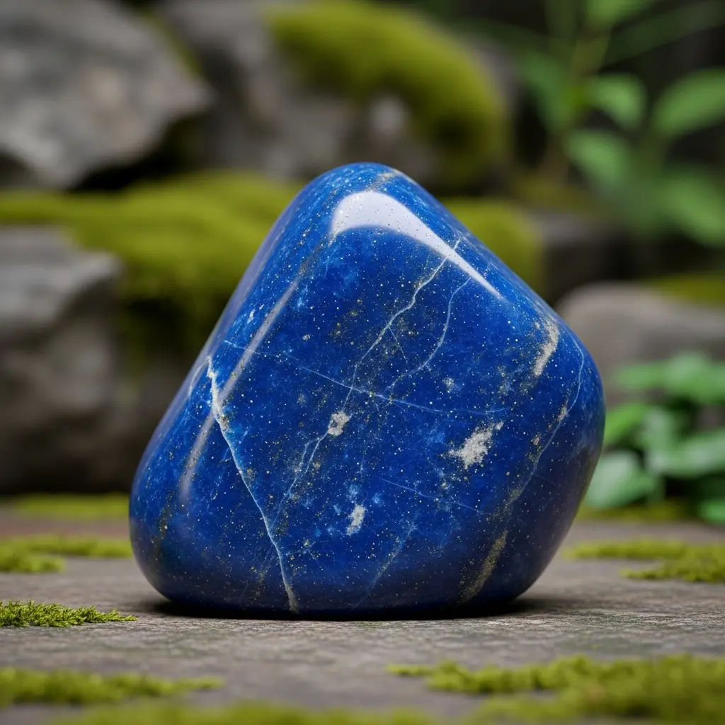 Pedra lápis-lazúli em cor azul, fundo de natureza desfocado.