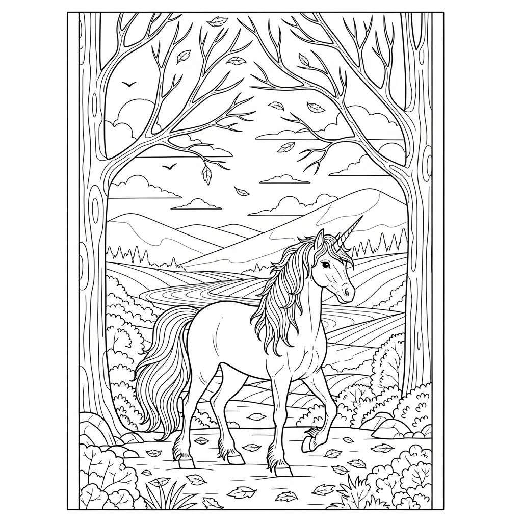coloriage licorne foret
