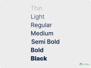 A imagem tem 7 linhas com diferentes espessuras de letras: thin, light, regular, medium, semi bold, bold e black.