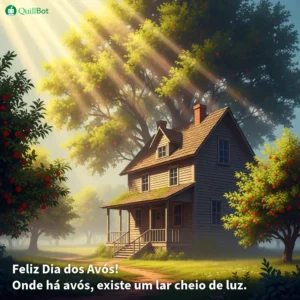 A imagem de uma casa bem iluminada com árvores frutíferas próximas, e a frase: Onde há avós, existe um lar cheio de luz. Feliz Dia dos Avós!