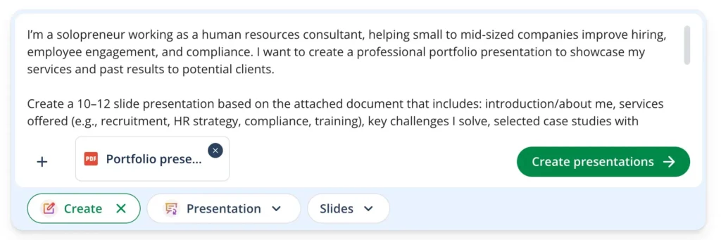 A screenshot of QuillBot being used to create a portfolio presentation