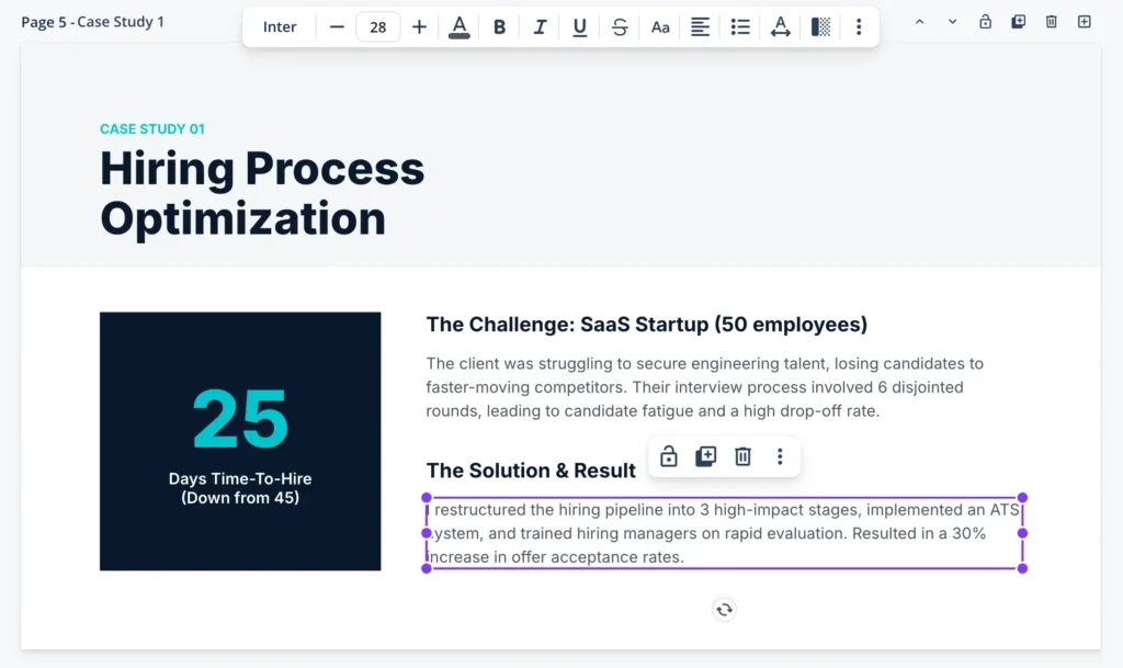 A screenshot of using QuillBot to edit a portfolio presentation