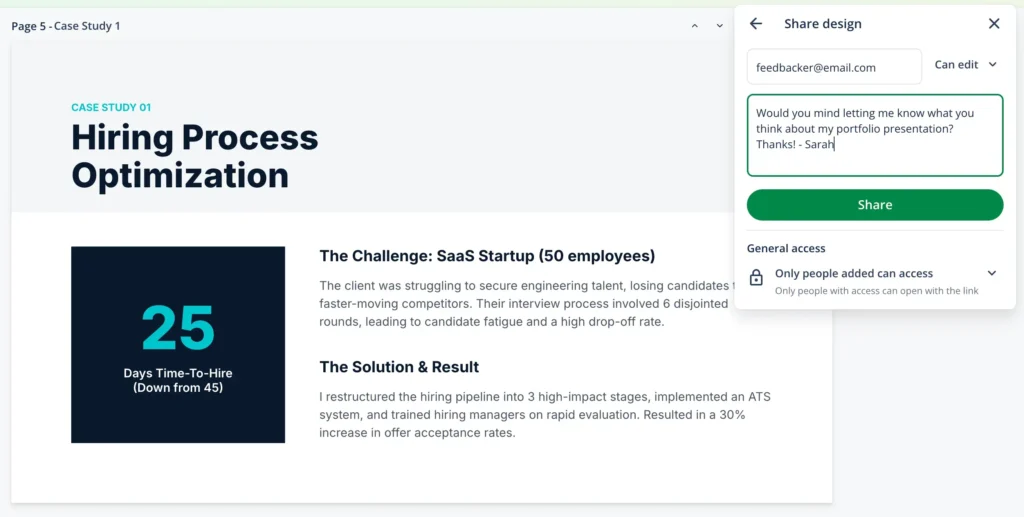 A screenshot of sharing a portfolio presentation with QuillBot