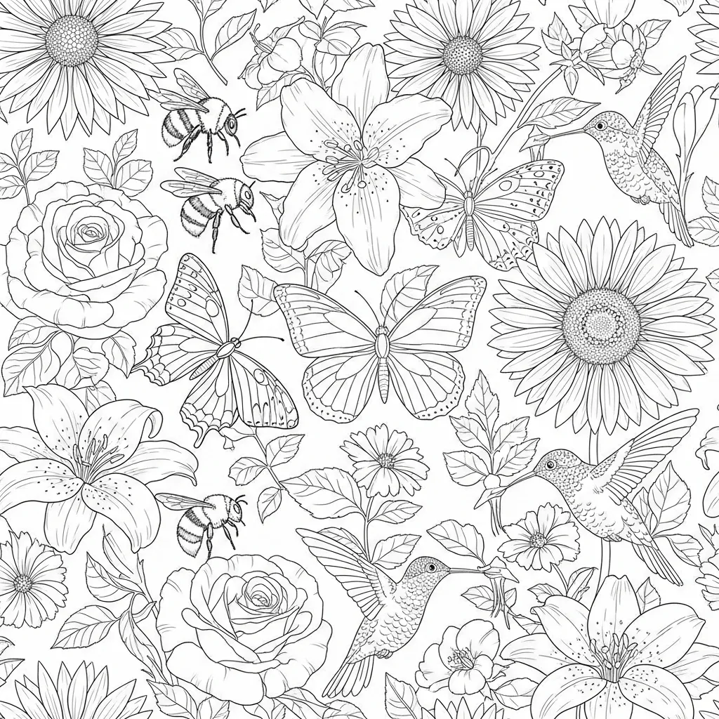 adult coloring page - flowers, birds, bees, butterflies