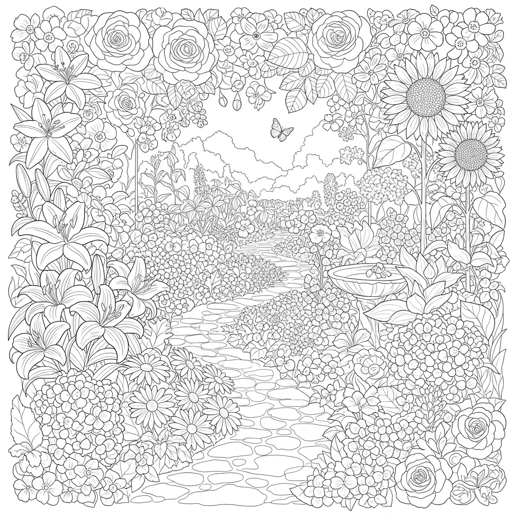 adult coloring page - flower garden
