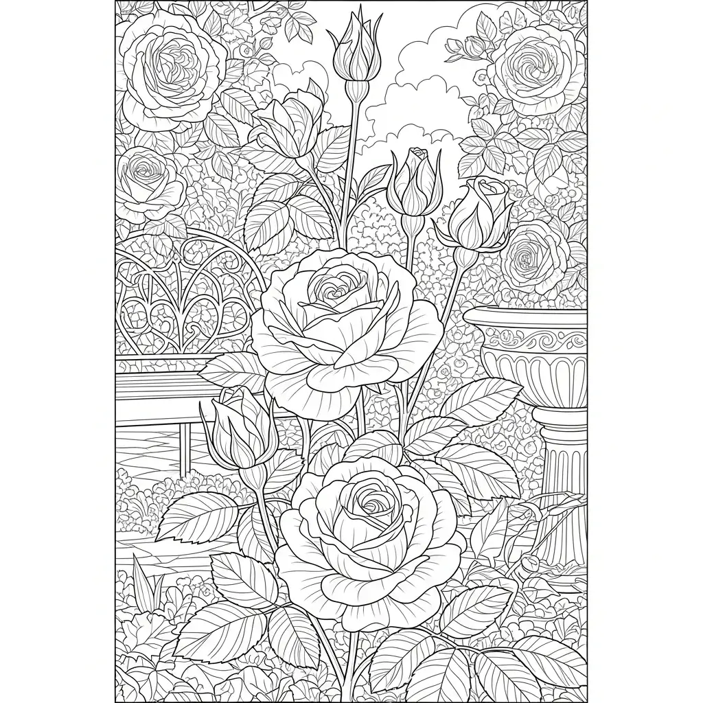 adult coloring page - flowers: english rose garden