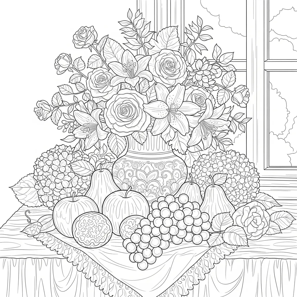 adult coloring page - flower still life with fruit