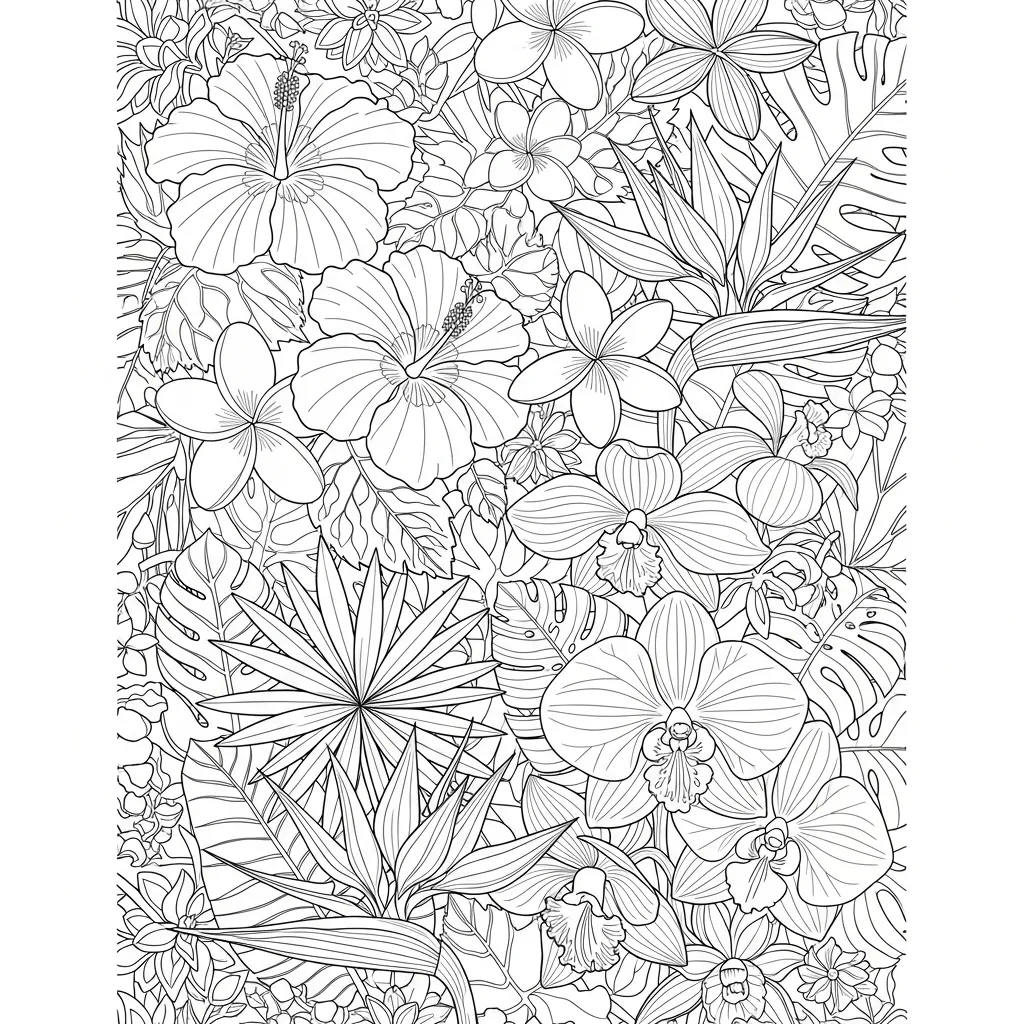 adult coloring page - tropical flowers