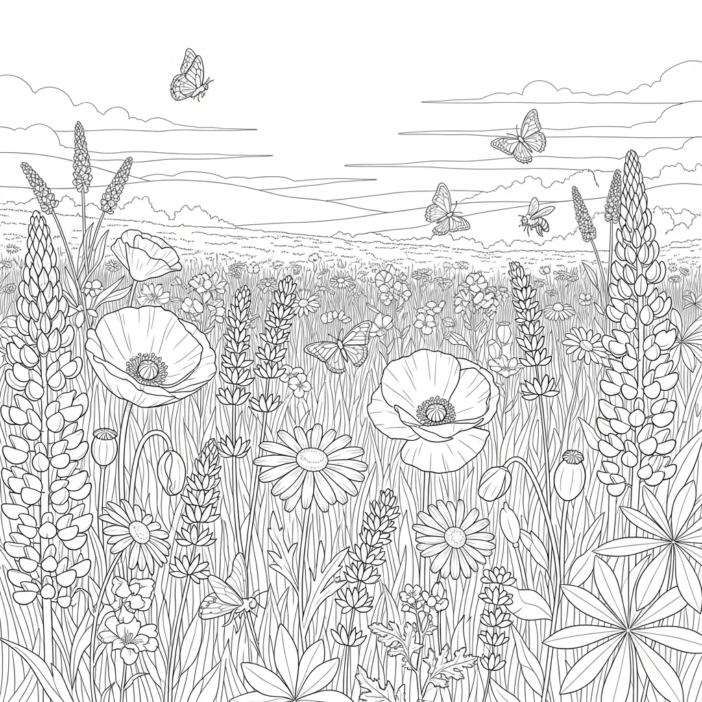 adult coloring page - flower meadow