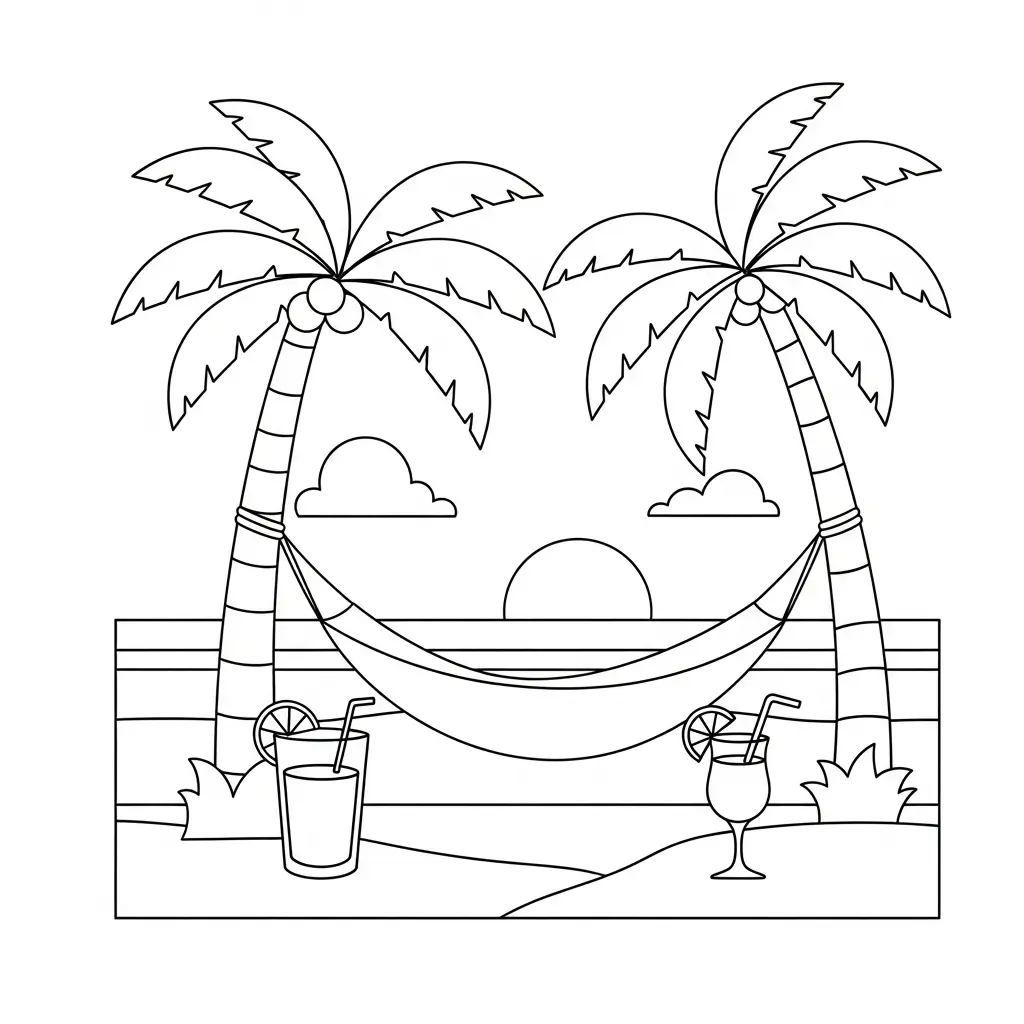 coloriage été hamac et palmier