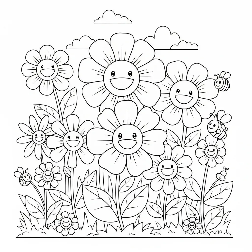 cute flower coloring page of cartoon flowers