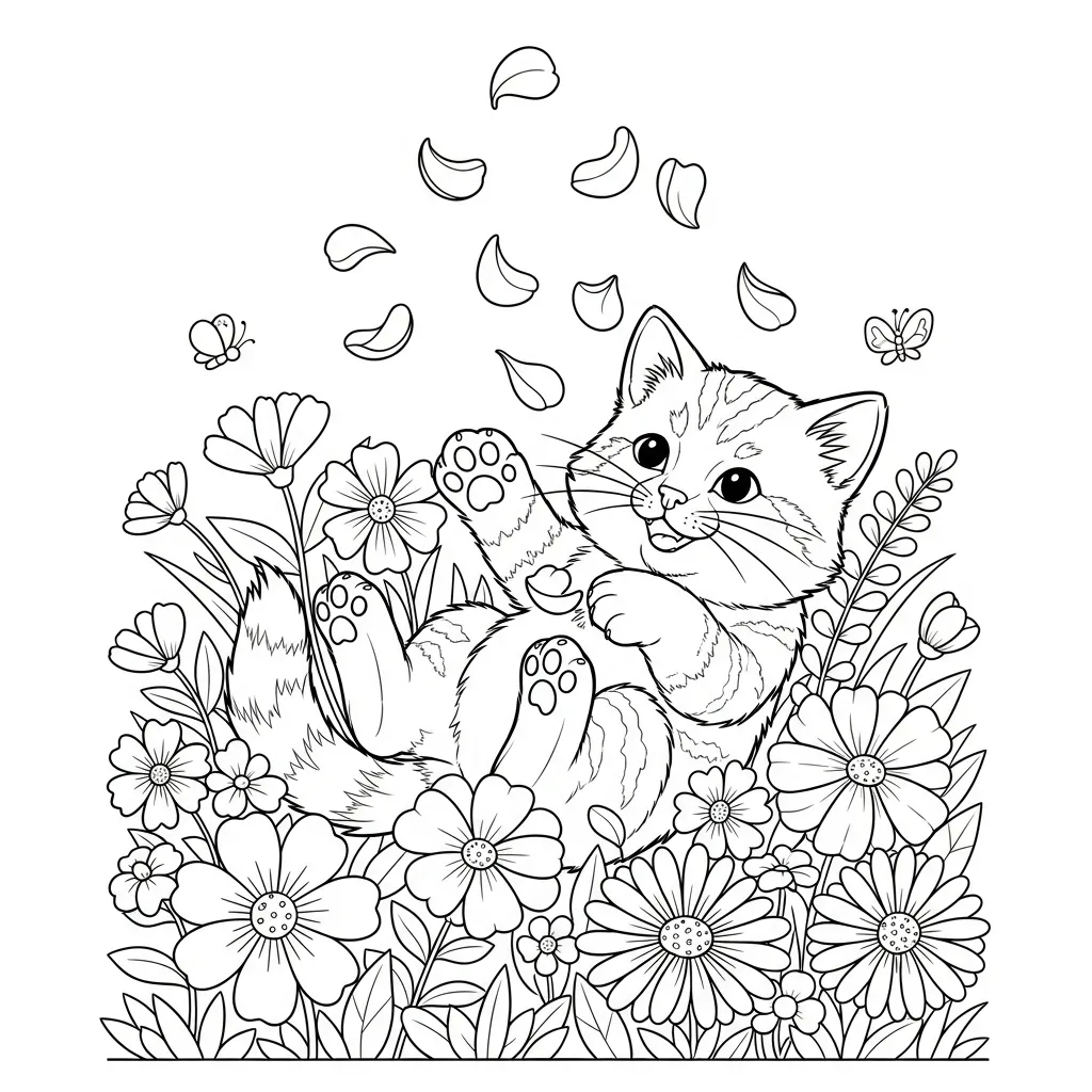 cute flower coloring page of a kitten