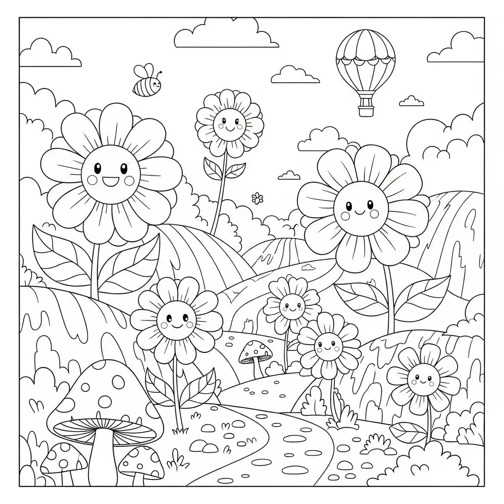 cute flower coloring page of cartoon flowers