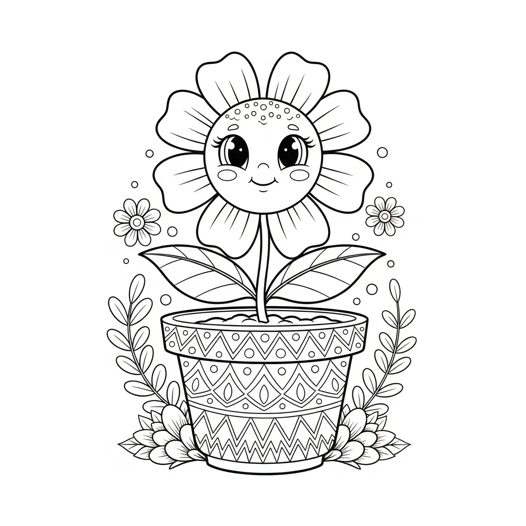 cute flower coloring page of a cartoon flower in a pot