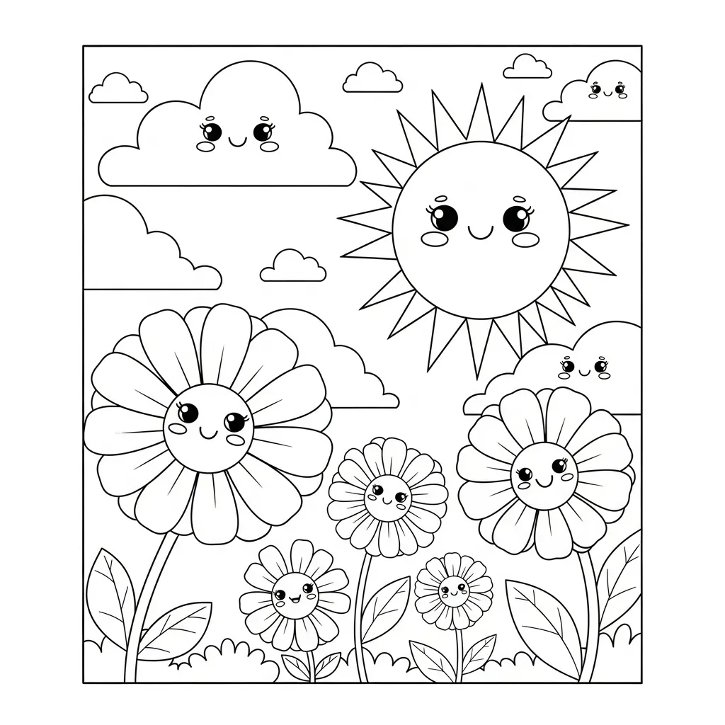 cute flower coloring page of cartoon flowers