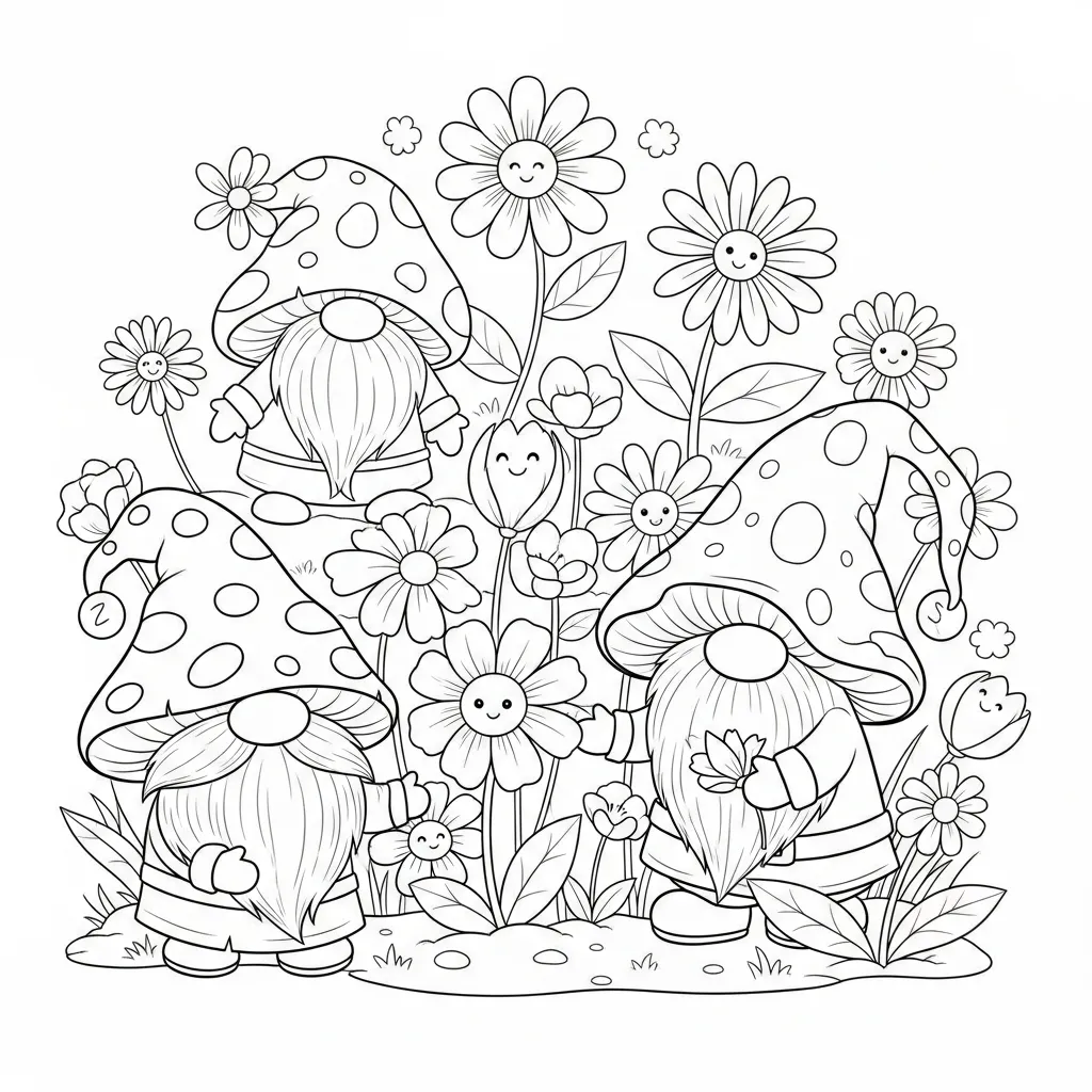 cute flower coloring page of gnomes