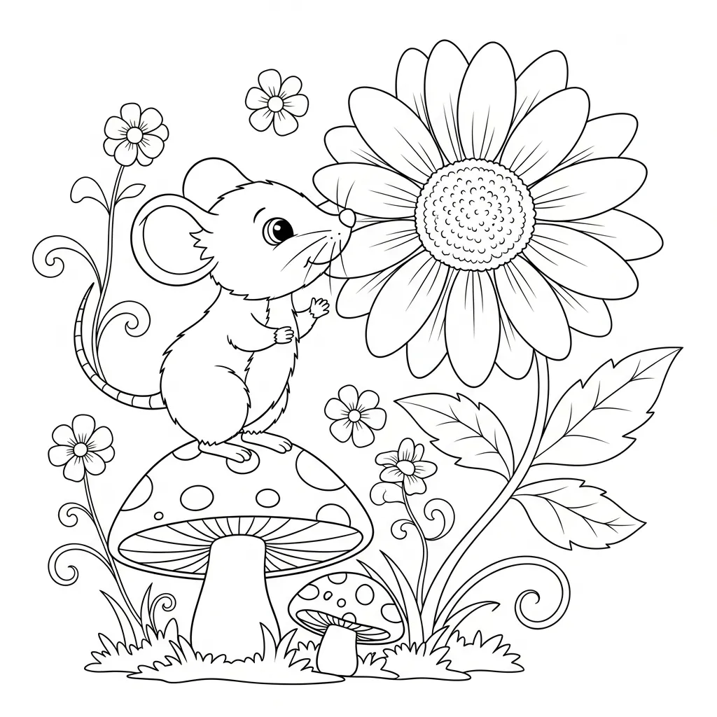cute flower coloring page of a mouse