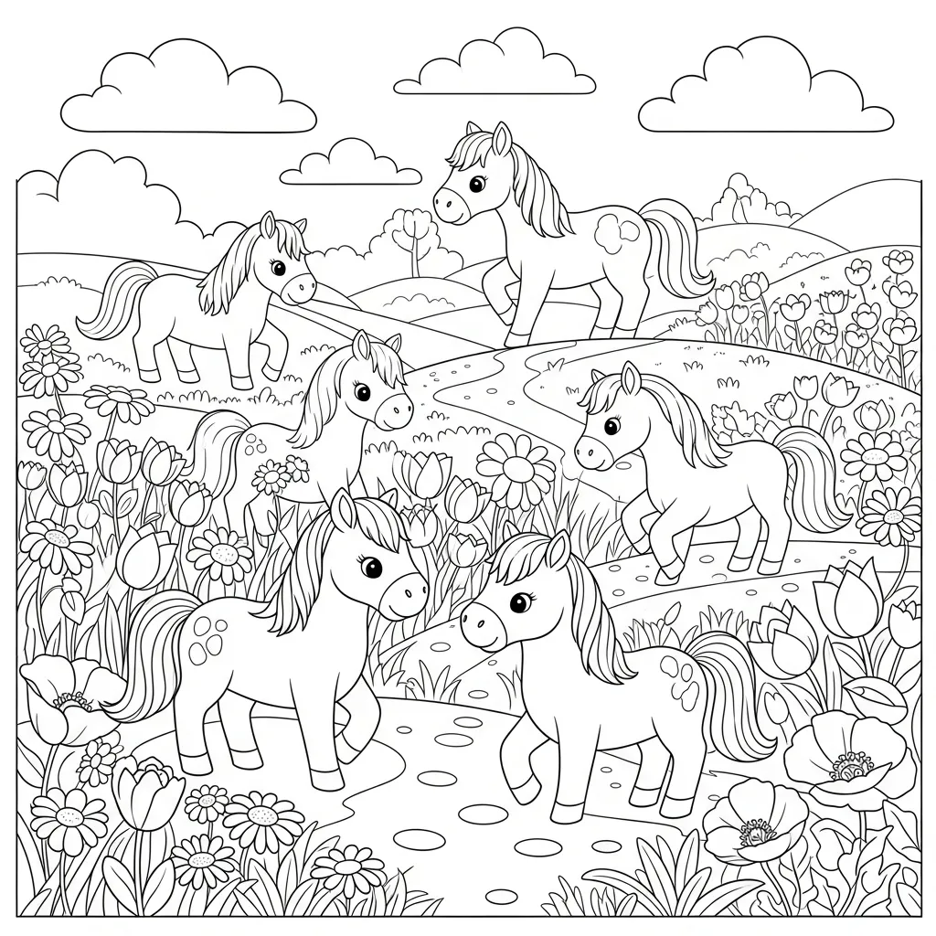 cute flower coloring page of ponies