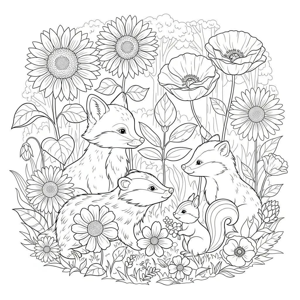 cute flower coloring page of woodland creatures