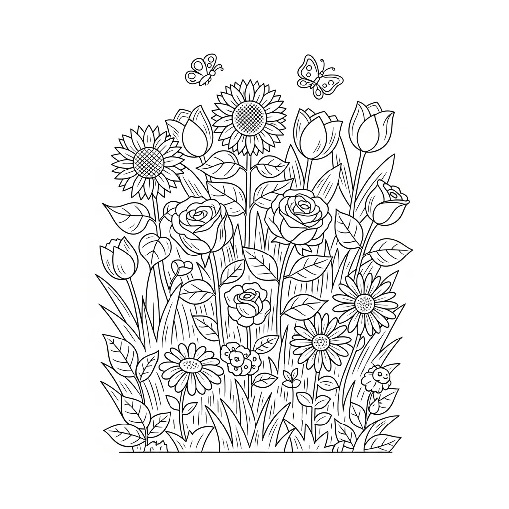 easy flower coloring page - flower mix