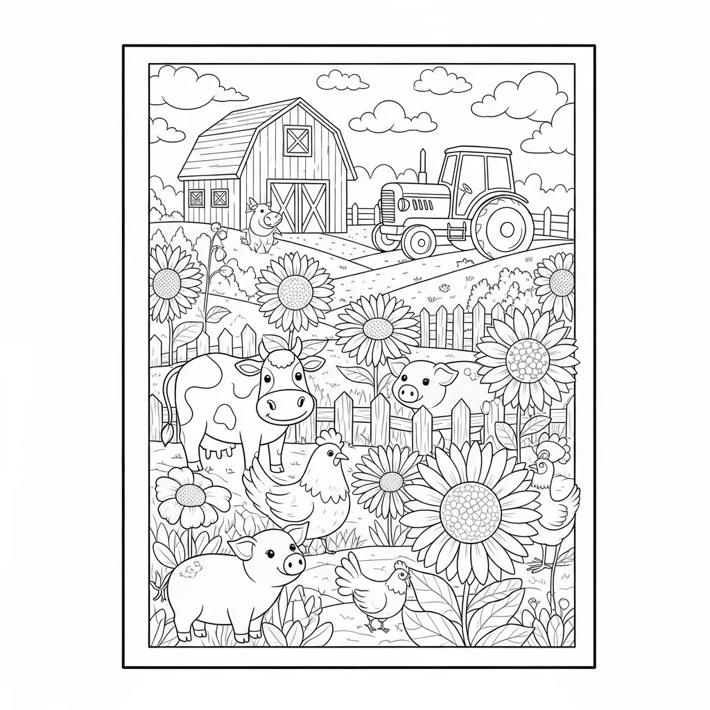 easy flower coloring page - farm