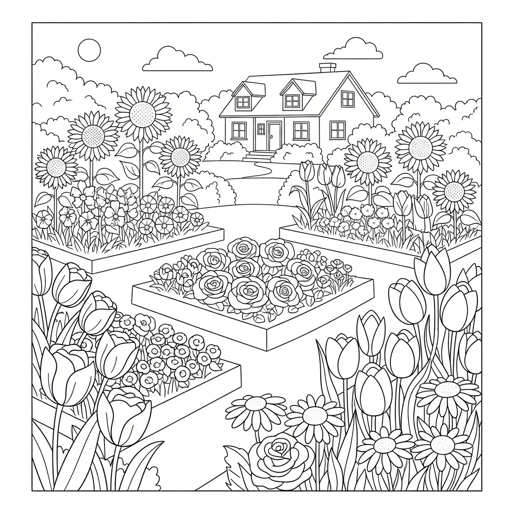 easy flower coloring page - garden plot