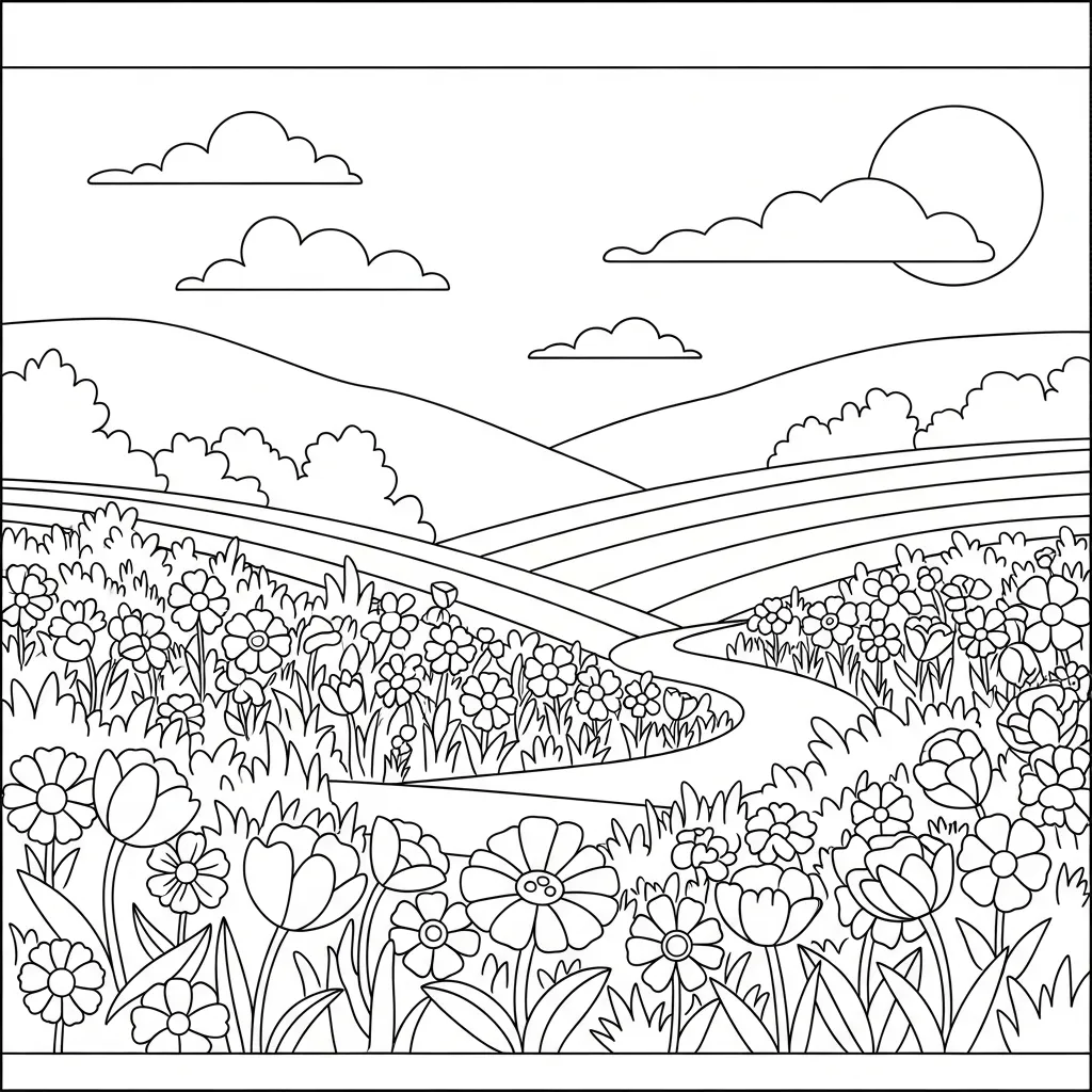 easy flower coloring page - rolling hills