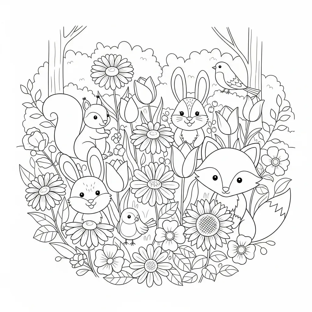 kids' flower coloring page - with woodland creatures