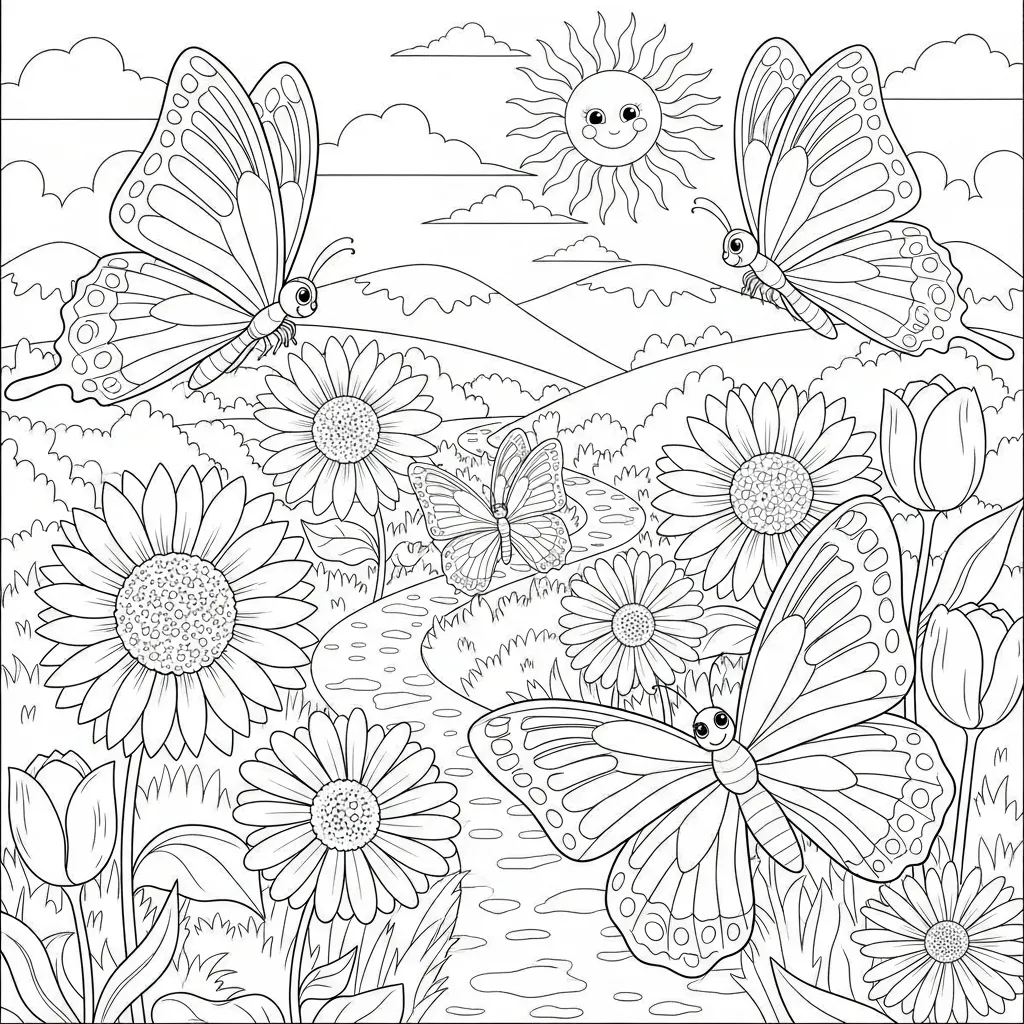 kids' flower coloring page - butterfly meadow