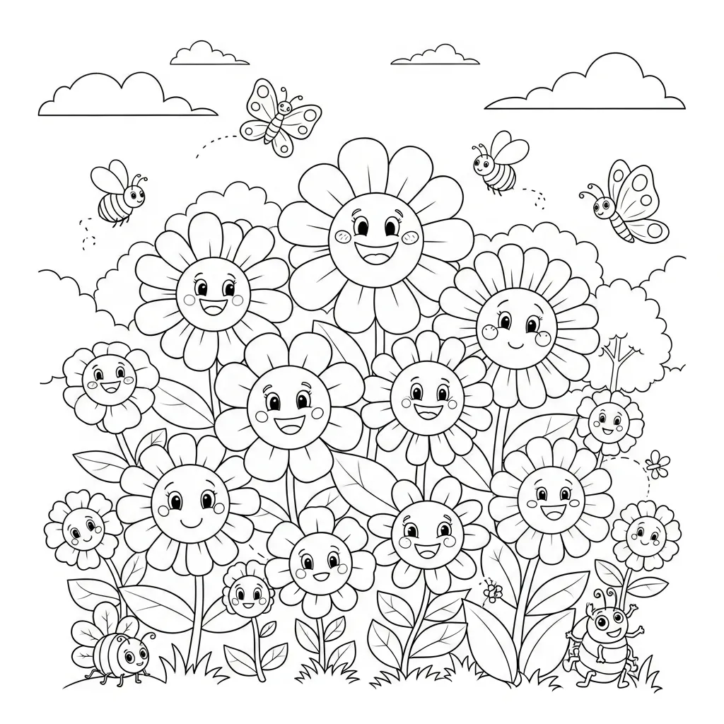 kids' flower coloring page - cartoon flowers