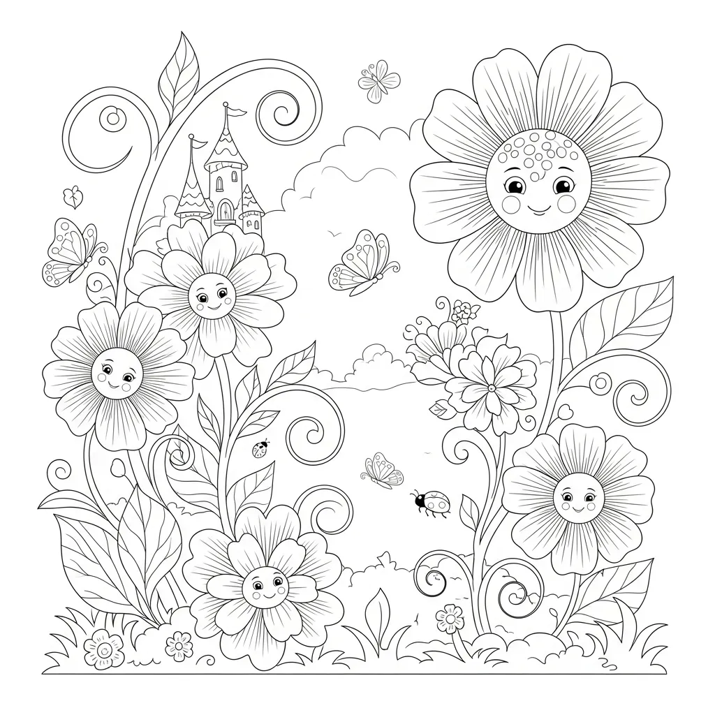 kids' flower coloring page - mystical castle