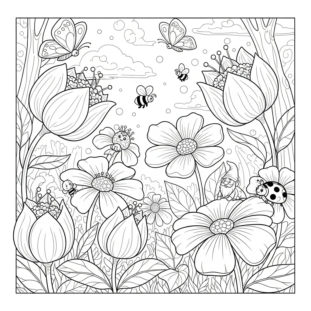 kids' flower coloring page - close up flower garden