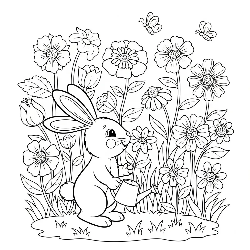 kids' flower coloring page - bunny rabbit