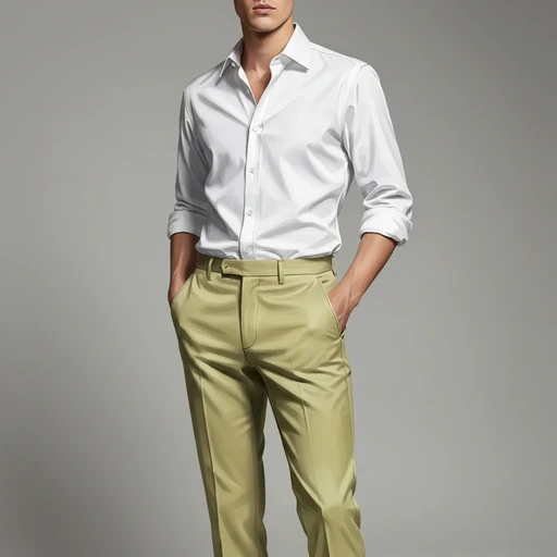 Ilustração de um homem vestindo camisa social branca e calça de cor cáqui. Ele leva as mãos no bolso.